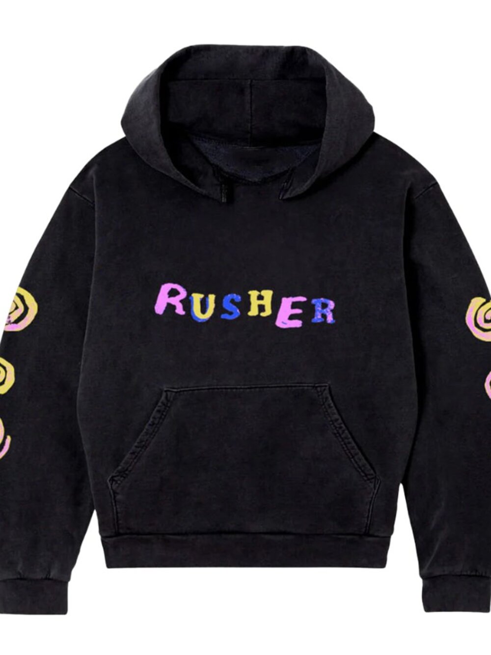 Rusher Black Graphic Hoodie with Colorful Lettering